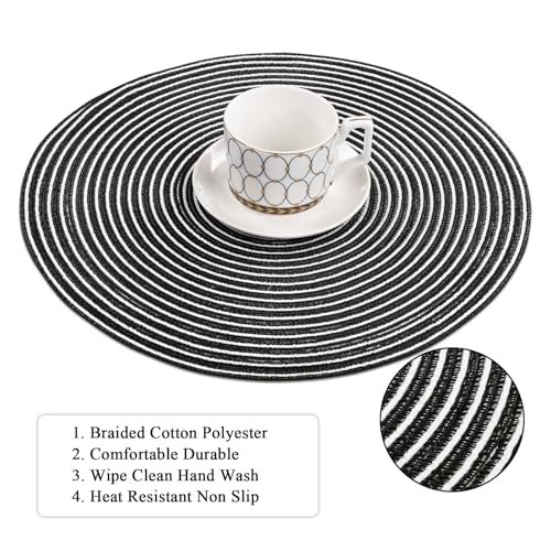 Image of SHACOS 15 inch Round Braided Placemats Set of 6 Non Slip Washable Fabric Kitchen Table Place Mats Heat Resistant Table Mats for Home Wedding Party, Black White