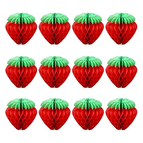 MIVAIUN 12 Pcs Strawberry Honeycomb Paper Ball, Strawberry Party Decorations, Fruit Paper Ball Decorations, 6 Inch (Red)