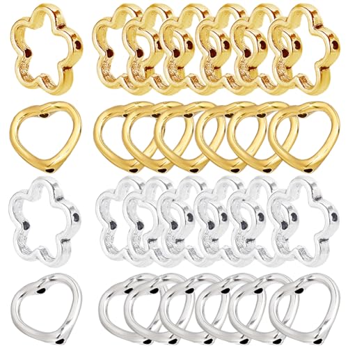 SOFPLATE 1 Box 120Pcs 4 Styles Flower Bead Frames Metal Bead Frame Silver with Double Holes Tibetan Style Alloy Gold Heart Blossom Link Connector for Jewelry Making Beading Earring DIY Craft Accessory