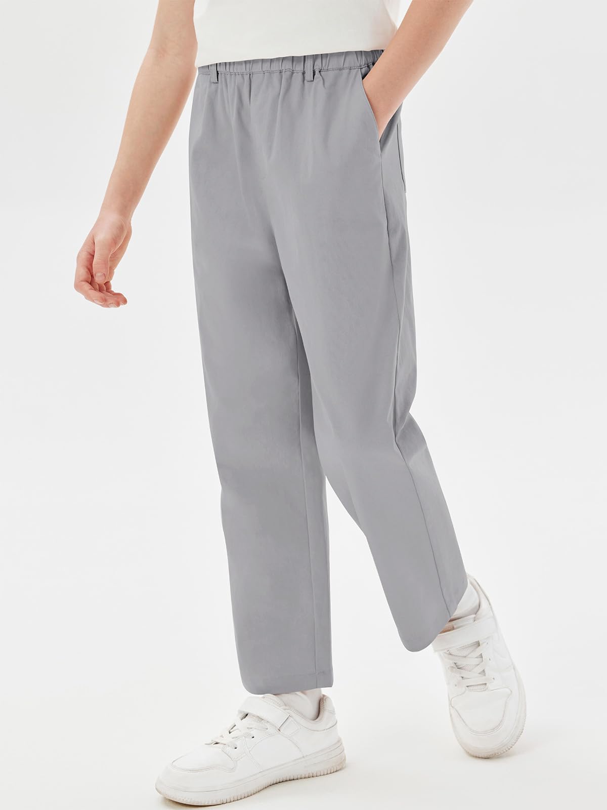 Haloumoning Pantalones de cintura elástica para niños, uniforme escolar, pantalones de sarga de algodón con bolsillos, 5-14 años
