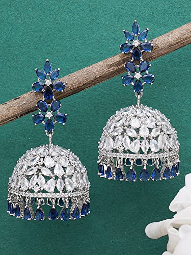 Image of Karatcart Women Silver Plated Blue American Diamond Studded Jhumki Earrings