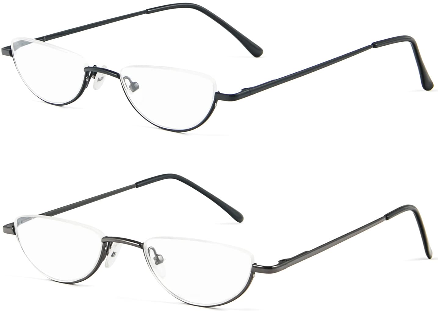 REAVEE 2 Pack Half Lens Reading Glasses Men Women Spring Hinge Metal Half Frame Readers Slim Half Moon Eyeglasses with Pouch,Black and Gun Grey 1.5