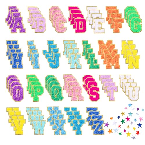 132 Pcs Varsity Letter Patches Kit - 104 Self Adhesive Chenille Letters & 28 Iron On Stars No-Sew Fabric Patches for Clothes Jackets Backpacks Hats DIY Crafts (2.17 Multi-Color)