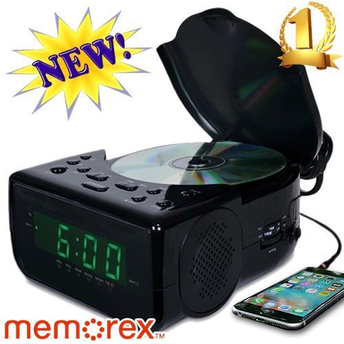 Memorex CD Top Loading CD Dual Alarm Clock AM/FM Stereo Radio with 0.9-Inch Green LED Display and 3.5mm Aux Jack & Headphone Jack Input (Black)