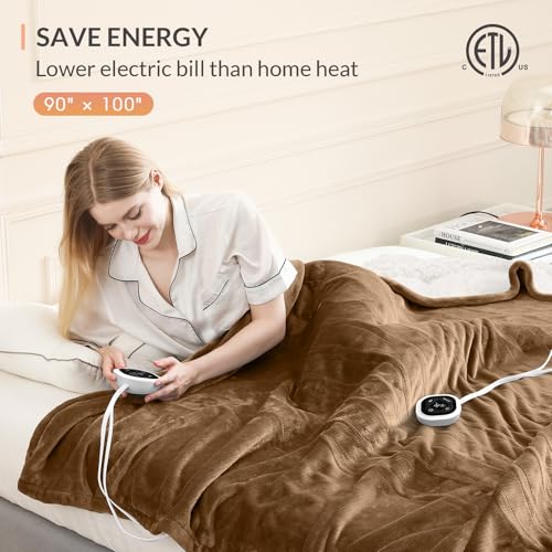 Image of HOMLYNS LuxeHeat Heated Blanket Electric Blanket King Size, Soft Flannel Sherpa Heating Blanket with 10 Heat Settings, 1-10 hrs Timer Auto Shut Off (90x100 inches, Coffee), Only for 120V Voltage Use
