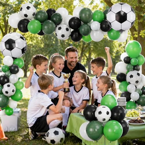 Image of Soccer Balloons, Green Black White Soccer Printed Latex Balloons with 18 Inch Soccer Ball Balloon for Boys Kids Men Football Sports Theme Birthday Baby Shower Party Decorations