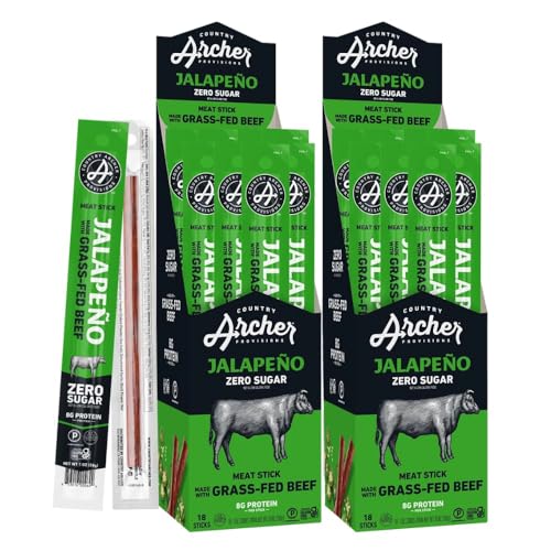 Country Archer Beef Jerky Sticks Jalapeno - Grass Fed Beef Sticks Individually Wrapped, Beef Sticks Bulk, Beef Jerky Snack Packs, Gluten Free, Paleo, Keto, Sugar Free - 1 oz Meat Sticks (Pack of 36)