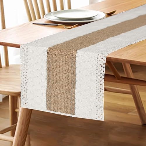 Image of FEXIA Boho Table Runner for Home Coffee Decor 36 Inches Long Farmhouse Rustic Table Runner Macrame Burlap Centerpieces for Tables Decoration for Kitchen Bedroom Decor Bridal Shower (12x36 Inches)
