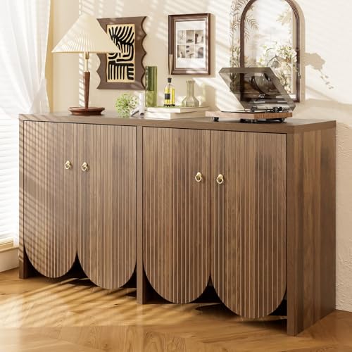 PUGSDRLY Buffet Rangement 147×40×80cm, avec 4 Portes à Rainures Verticales Ondulées, Sideboard avec Étagères Réglables, pour Salon, Salle à Manger ou...