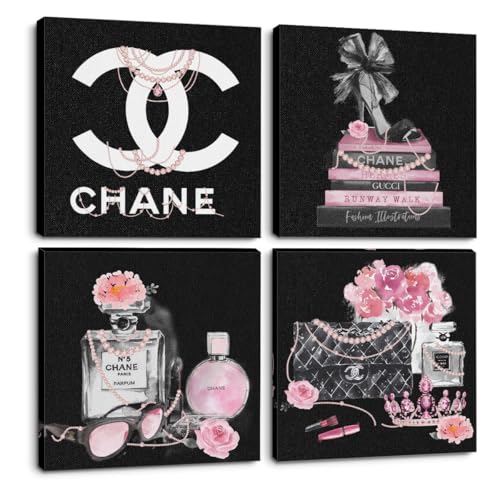 4 PCs Pink Fashion Canvas Wall Art Black and White
