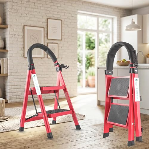 Image of Norman Jr Red 2 Step Ladder for Home Use with Built-in Tool Tray | Heavy Duty D Shape Rods | Ultra Large Platform | Wide Rubber Feet | 150Kg Capacity Foldable Ladder - 7 Years Warranty
