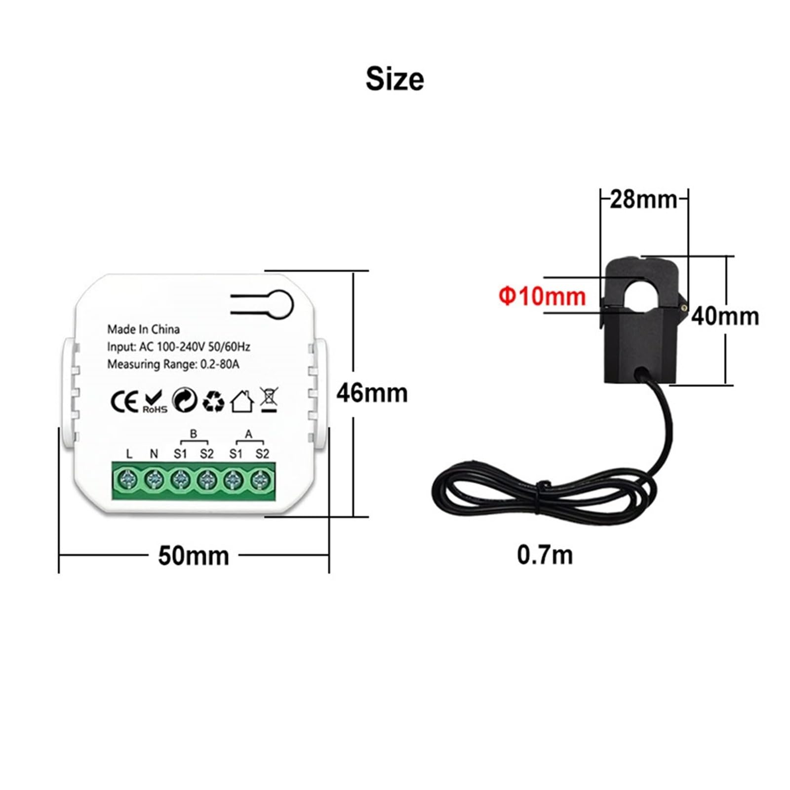 Contatore di energia, 1/2/3PCS Tuya Contatore di Energia 80A con CT Morsetto App Kwh Consumo di Energia Monitorare Statistiche di Elettricità(Size:01 2pcs)