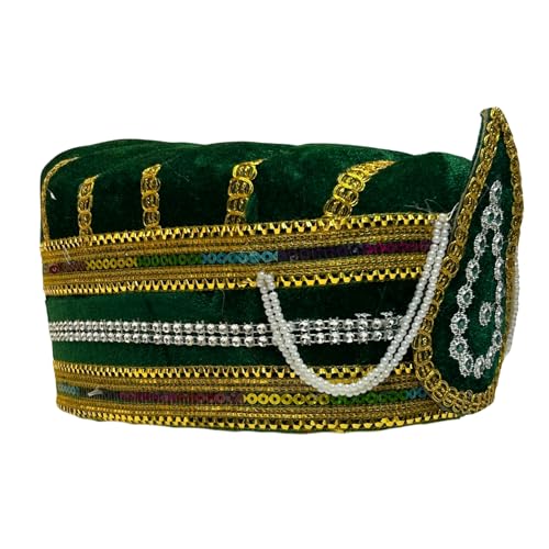 Image of Kaku Fancy Dresses Akbar Mughal King Pagdi Turban Safa Traditional Royal Headgear for Kids | Fancy Dress Costume Accessory for Historical Plays & Cultural Events - Green