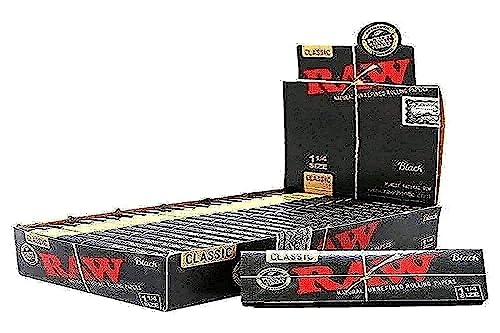 RAW Classic 1 1/4 Size Natural Unrefined Ultra Thin 79mm Rolling Papers, Black, 24 Count