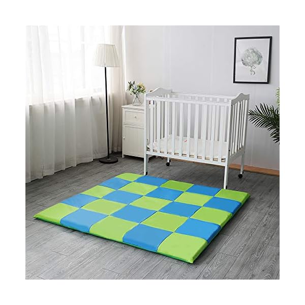 Tapete-Set für Babys Mädchen Kinder und ihre Eltern mit viskoelastischer Schaum – Play Mat quadratisch Polsterung für den Boden 148 x 148 cm – blau und grün – Bild 3