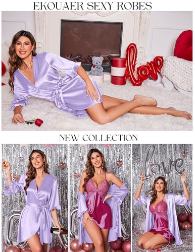 Image of Ekouaer Women's Satin Robe Valentines Lingerie for Women Kimono Bathrobe Short Ruffle Belted Robes Bridesmaids Sleepwear