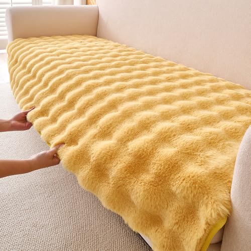 Image of HOKIPO 'FurHug' Premium Faux Fur Rabbit Sofa Cover Mats for L Shape and 1 /2 /3 Seater Sofa. Make Your Own Sofa Cover Set, Mat Length 90(D) x 240(L) cm, Honey Yellow (AR-6290-YLW)
