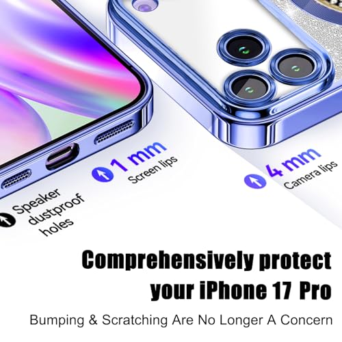 Image of Misscase for iPhone 17 Pro Magnetic Glitter Case Compatible with MagSafe,Full Protection Slim Shockproof Anti-Scratch Case with Camera Lens Protector Plating Bling Dust-Proof Net Blue