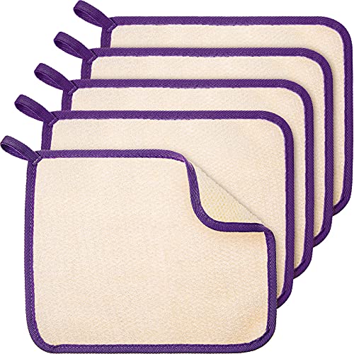5 Pieces Exfoliating Face and Body Wash Cloths Towel Weave Bath Cloth Exfoliating Scrub Cloth Massage Bath Cloth for Women and Men (Purple Edge,10.63 x 9.05 Inch)
