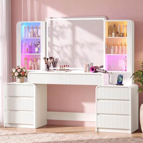 Image of Big Vanity Desk, Fluted Makeup Vanity with Mirror Lights, Dressing Table