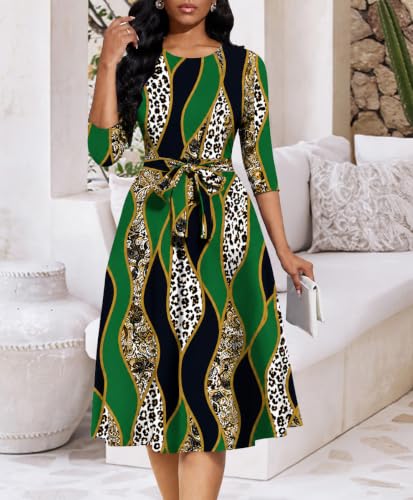 Image of Casual Dresses for Women Midi Church A-Line Fit and Flare Dress Crewneck 3 /4 Sleeve Party Dress