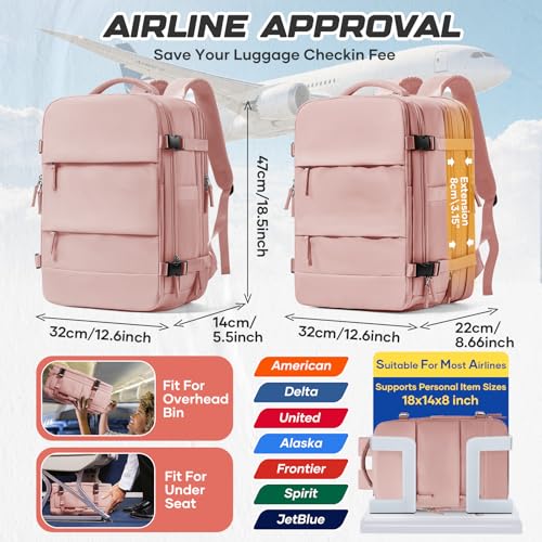 Image of Travel Backpack with Compression Vacuum Storage Bag & Electric Pump, Expandable Flight Approved Carry On Backpack, 18x14x8 inches Personal Item Travel Bag for Men Women, Pink