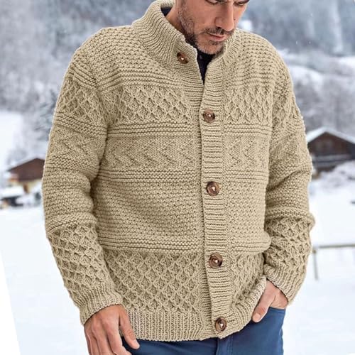 Men's Cable Knit Cardigan Sweater Stand Collar Long Sleeve Button Down Sweater Winter Chunky Thermal Solid Knitwear2