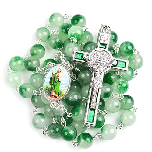 Akamori Collier catholique Collier de Chapelet en Pierre Naturelle Perles de Pierre Vert 8mm Perles Perles Rondes Miraculeuse Médaille Miraculeuse & Jésus Cross 74cm Communion, Baptême Cadeau Cover