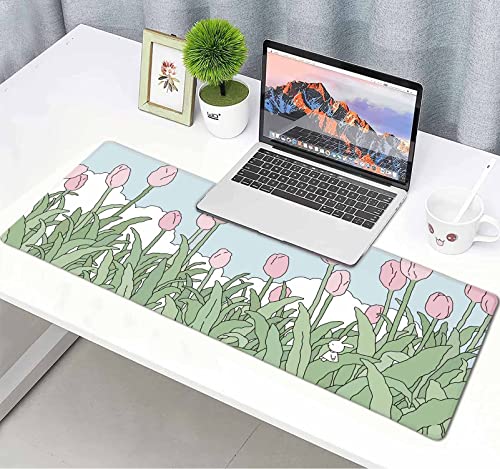 Image of Kawaii Pink Flowers Mouse Pad, Nature Mousepad Cute, Minimalistic Desk Mat, Bunny Anime Desk Pad, Extra Large Mouse Pad, 31.5 X 11.8 Inch, Aesthetic Wildflowers