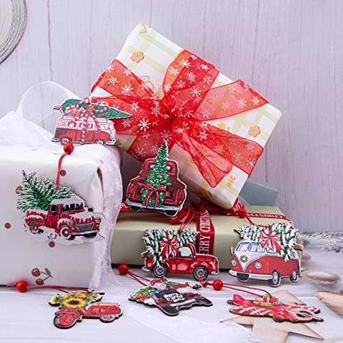 LAWOHO 16 Pieces of Christmas Ornaments Red Truck Retro Christmas Tree Gift Box Country Farmhouse Hanging Crafts Wooden Crafts with Red String