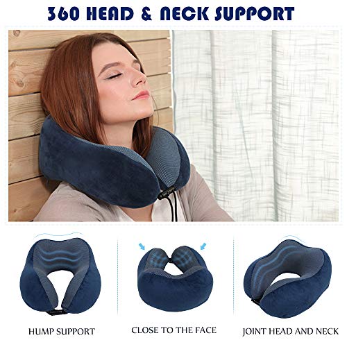 Travel Pillow - Memory Foam Neck Pillow with 360 Head & Neck Support Comfortable for Long Flight, Airplane, Train, Reading, Working, Ergonomically (Blue)