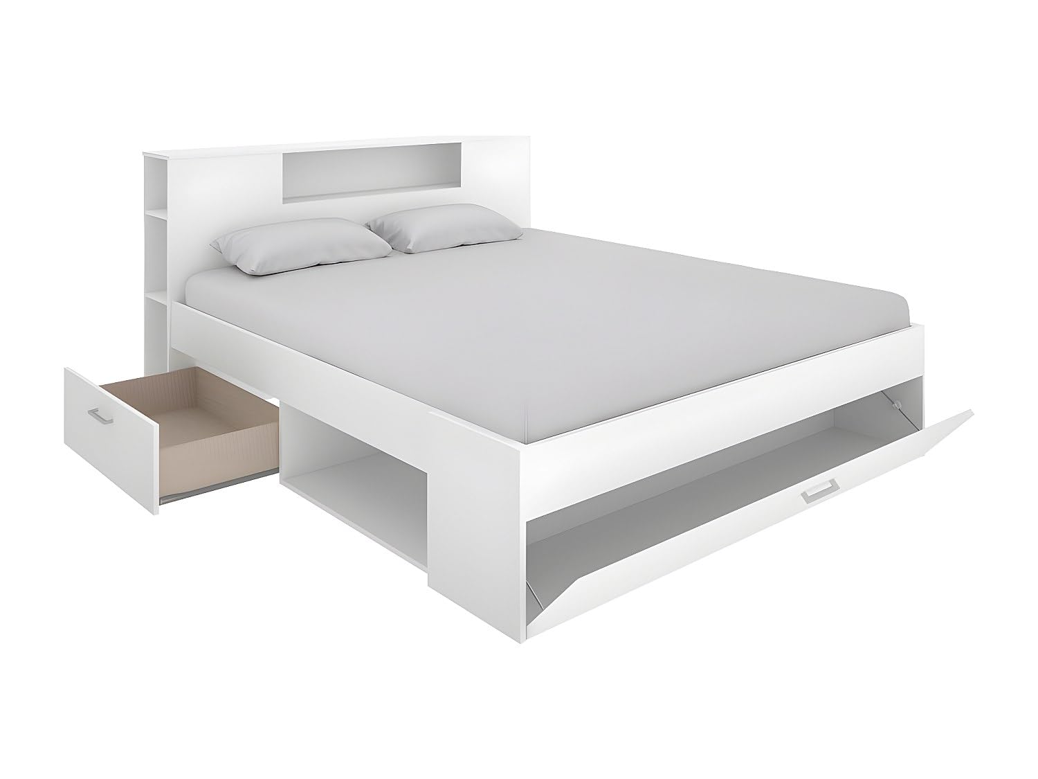 DEKIT GRUPO RIMOBEL LANKA - Cama de matrimonio con almacenaje en cabecero y bajo cama - Blanco - 95x149x218 cm