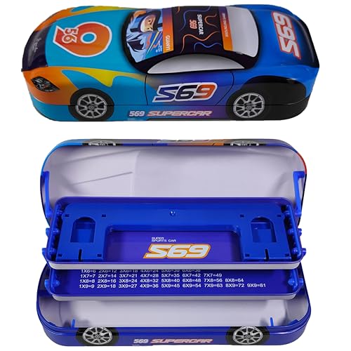 Image of ZAFCO Metal Pencil Box for Boys | Compass for Kids | Pen Box for Students | Geometry for School | Car Theme | Birthday Return Gift 1 Unit (Blue)