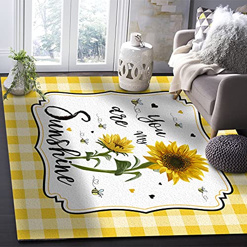 Sunflower Area Rug For Bedroom Living Room- Yellow Sunflower And Bees Yellow And White Plaid Contemporary Floor Carpet Comfy Runner Rug Nursery Playmats Home Decor Mat, #TOP4
