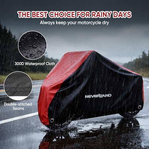 NEVERLAND Motorcycle Cover Waterproof Outdoor - All Season Scooter Covers Heavy Duty with 2 Lock-Holes, Bandage & Storage Bag Fits Most Motorcycles, Scooters, Dirt Bikes, Sportbikes (Up to 116”)