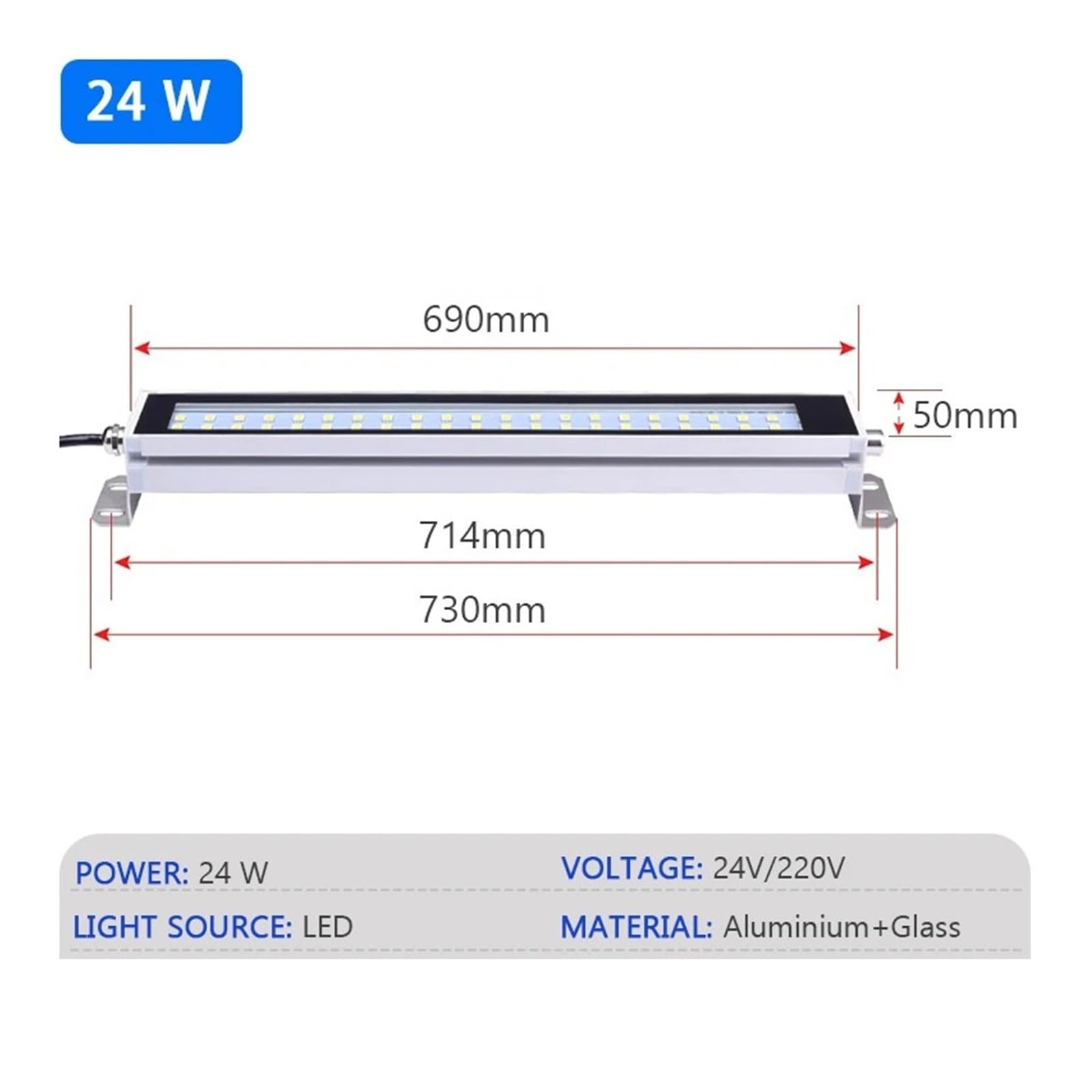 Lampa robocza do tokarki CNC LED IP67, wodoodporna, olejoodporna, warsztatowa, ze stopu aluminium Wysoka jasność(690mm,AC110 220V)