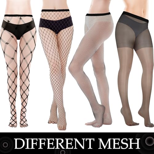 5 Pairs High Waist Tights Fishnet Stockings Thigh Pantyhose & 1 Pair Thigh High Waist Stocking for Women, Black Different Mesh Tights Silk Stockings Stay Up Lingerie Bodysuit Ladies Halloween Holiday2