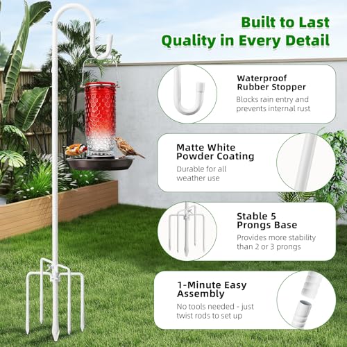 Image of 62 inch White Shepherds Hooks for Outdoor, Bird Feeder Pole with 5 Prong Base, Adjustable Height Shepherds Hook for Hummingbird Feeder, Bird Feeder, Lightweight Plant, Wind Chimes, Lanterns (1 Pack)