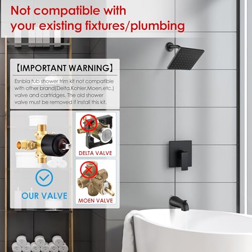 Esnbia Tub Shower Faucet Set (Valve Included) with 6-Inch Rain Shower Head and Tub Spout, Black Shower Head and Handle Set,Single-Handle Tub and Shower Trim Kit, Matte Black - Image 2