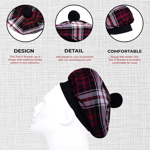 Image of Scottish Tam O' Shanter Hat Tartan Bonnet Pom Pom Wool Flat Cap One Size