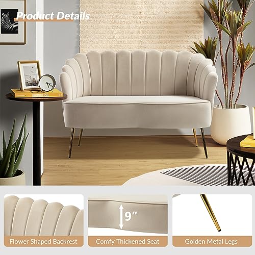 Image of HULALA HOME Modern Velvet Loveseat Sofa with Flower Shaped Back, Comfy Upholstered 2-Seater Sofa with Gold Metal Legs, Small Love Seat Accent Couch for Living Bedroom Leisure Areas, Tan