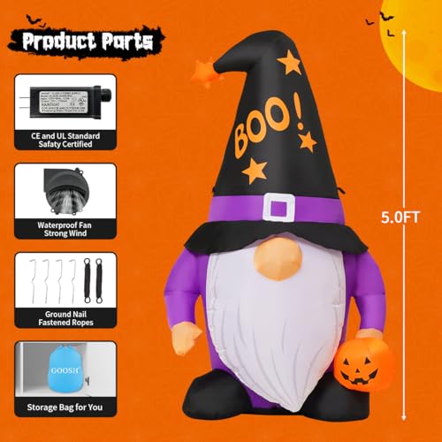 Image of GOOSH 5 FT Halloween Inflatables Gnomes Outdoor Decorations Blow Up Yard Cute Gnomes Helding Pumpkin with Built-in LEDs for Garden Lawn Indoor Party Decor