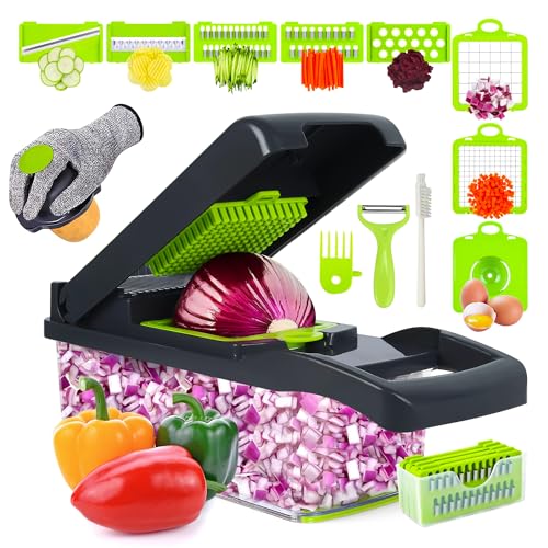 Dadajipo 18-in-1 Vegetable Chopper, Multifunctional Mandoline Slicer with 7 Stainless Steel Blades, Food Cutter with Peeler,Cleaning Brush,Mitten,Black & Green, Perfect for Cutting Vegetables & Fruits