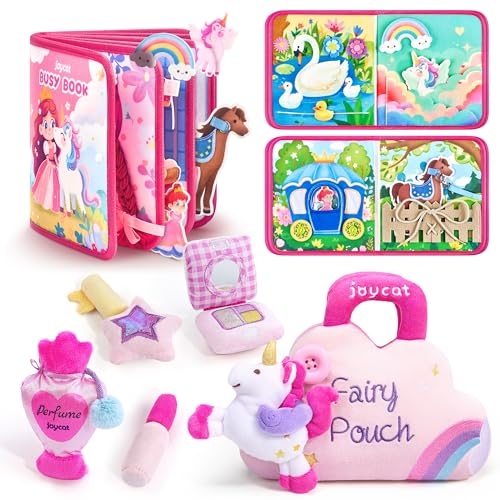 JoyCat Princess Busy Book My First Purse Baby Girl Unicorn Makeup Bag Set, Toys for Toddlers 1-3 Girls, 5 PCS Plush Toy with Perfume, Lipstick, Palette, Star Key - 1 Year Old Girl Gifts