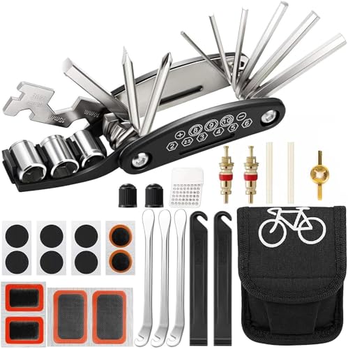 BAFAFA,Kit di riparazione per biciclette, attrezzo multifunzionale per biciclette 16 in 1 con kit di riparazione e tiranti per pneumatici da fissare a biciclette, mountain bike e bici da strada