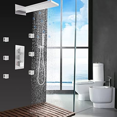 HOMEDEC Waterfall Rainfall Shower System with Body Spray Jets Multi Showerheads Thermostatic Mixer Brass Shower Faucets Complete Set (Brushed Nickel) Cover