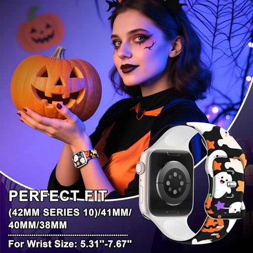 Image of wipalor Halloween Bands for Apple Watch Bands for Women Men 42mm 41mm 40mm 38mm, Fall Holiday Halloween iWatch Bands for Cute Silicone Sport iPhone Watch Series 11 10 9 SE 8 7 6 5 4 3-Pumpkins&Ghosts