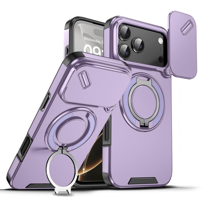 Image of LuxuryKase Shockproof Rugged Case for iPhone 17 Pro | Slide Camera Cover | 360 Rotating Ring Kickstand | Military-Grade Protection - Lavender Purple