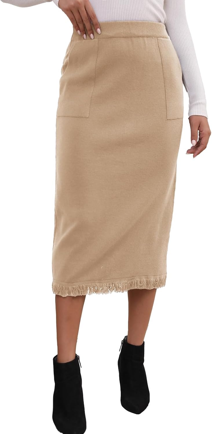 Women’s Midi Ribbed Skirt Fringe Stretchy Pencil Back Slit Knit Long Sweater Skirts for Women with Pockets