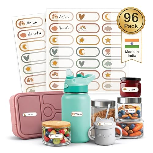 Image of 96 Waterproof Name Stickers for Kids School | Write On Labels for Bottle, Lunchbox, Books | Customizable Kitchen Jar Labels | Strong Adhesive, Smudge Proof | Chic Buddy